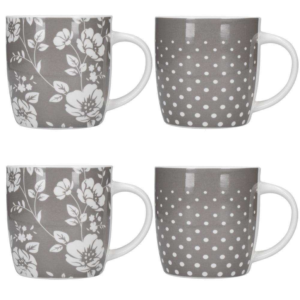 KitchenCraft Grey Floral / Polka Dot Mugs - Set of 4 image 1