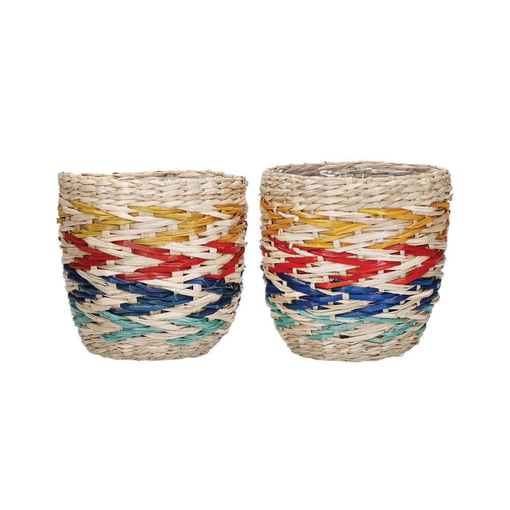 KitchenCraft Seagrass Plant Baskets, Set of 2, Rainbow Striped Design image 1