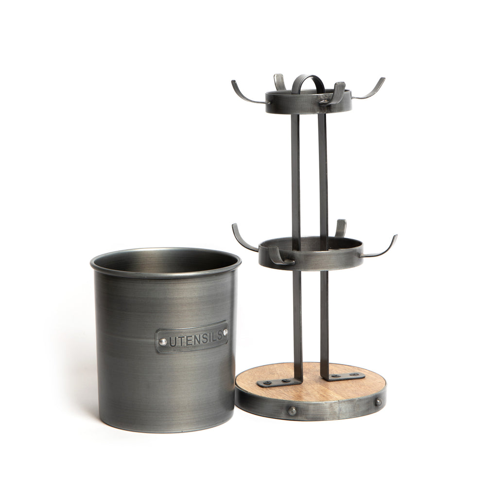 2pc Industrial Kitchen Set with Wooden Mug Tree Stand and Vintage Style Metal Utensil Holder Set image 1