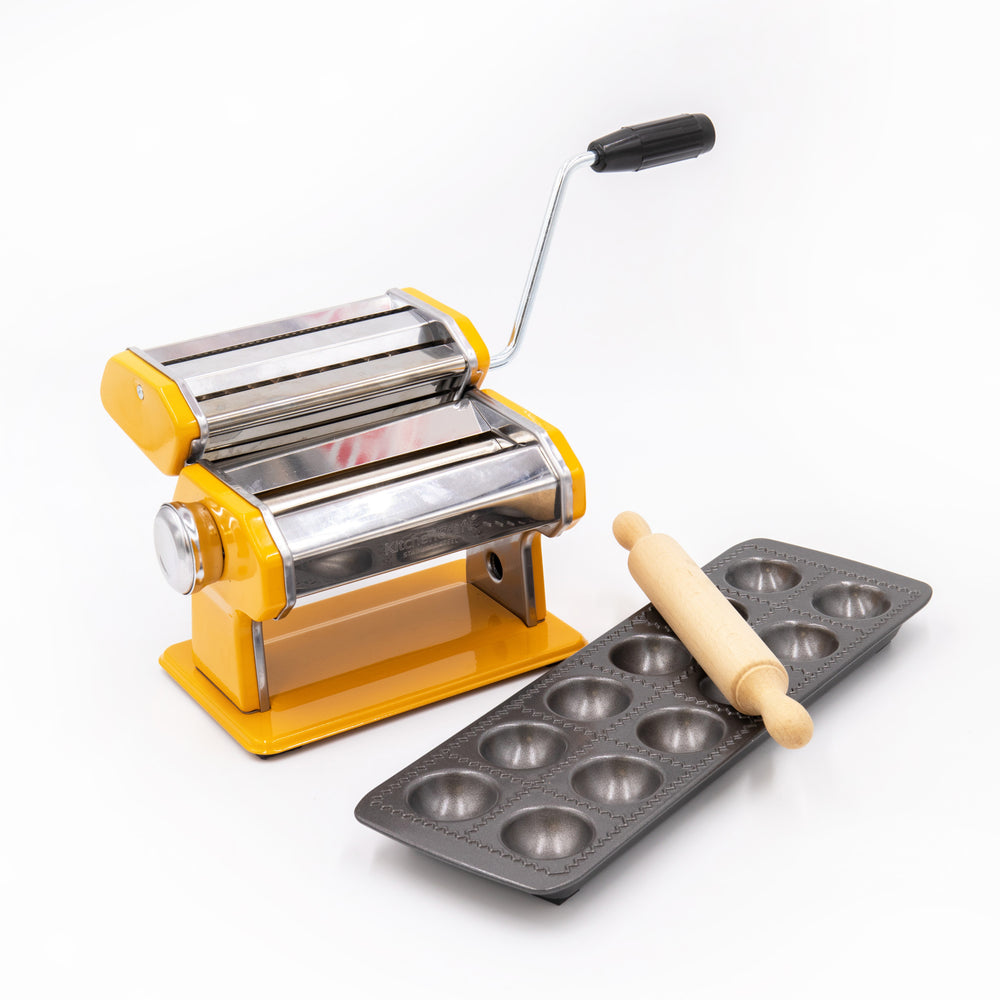 3pc Pasta Making Set with Yellow Stainless Steel Pasta Maker, Non-Stick Ravioli Mould and Rolling Pin image 1