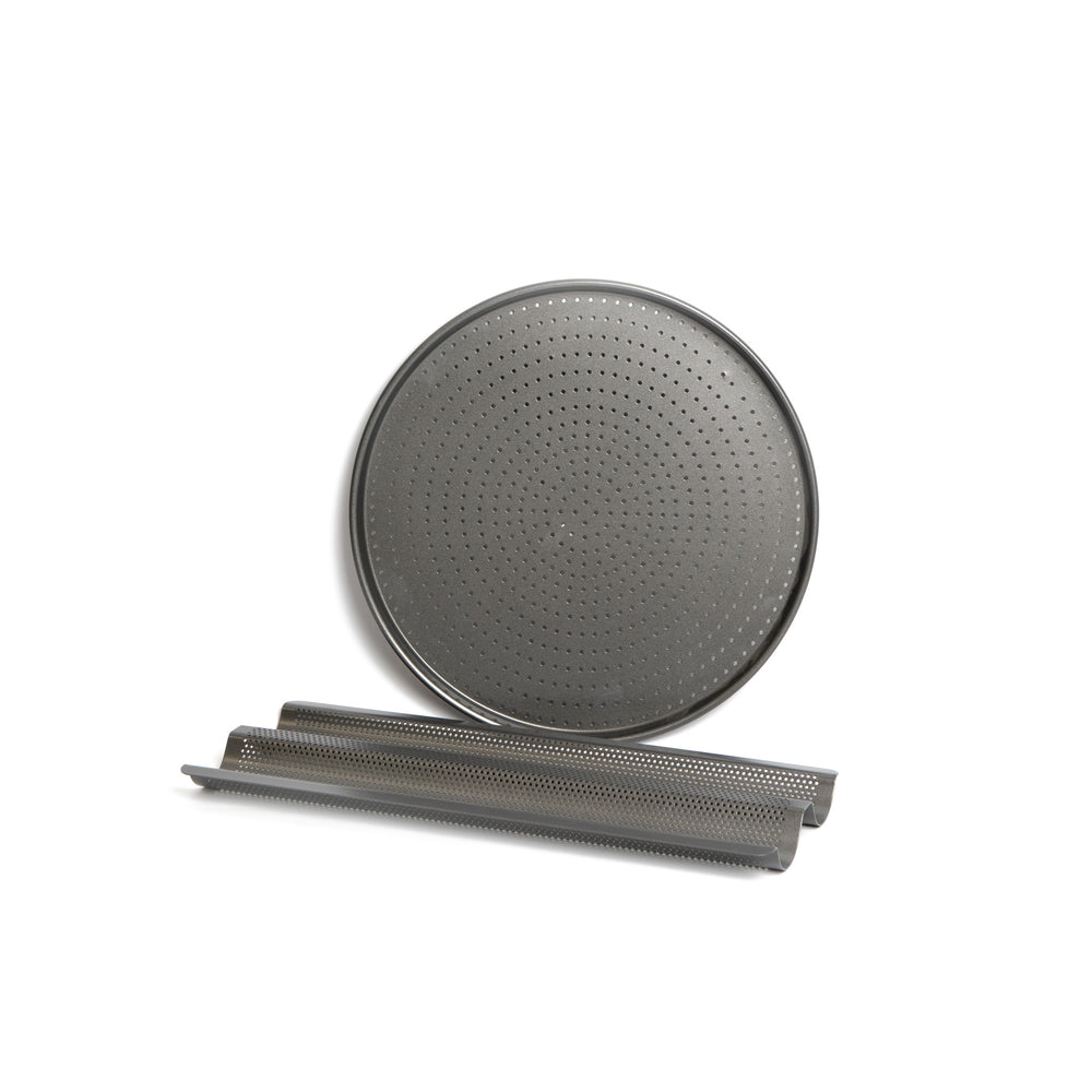 2pc Crusty Bake Non-Stick Baking Tray Set with 32cm Pizza Crisper and 39cm Baguette Tray image 1