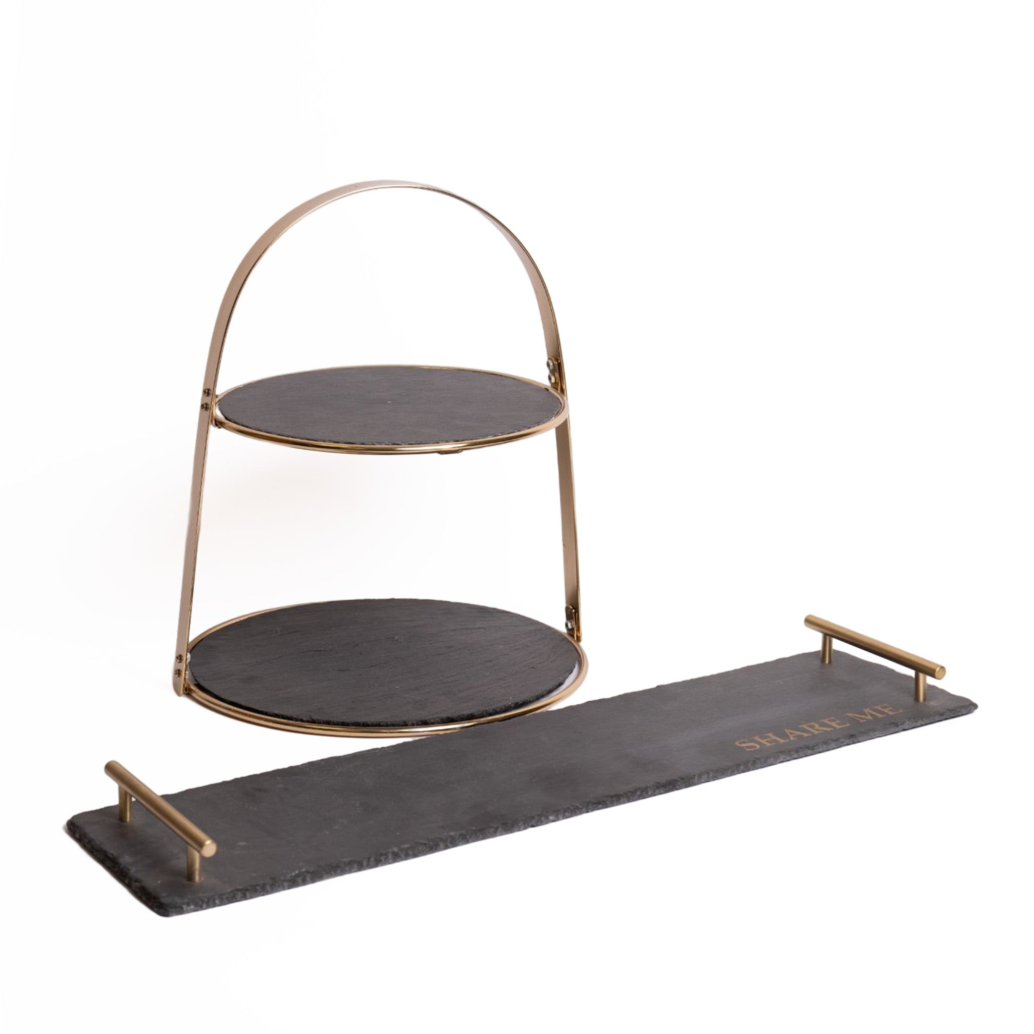 2pc Cake Serving Set with Slate & Brass Cake Stand and Slate Serving P