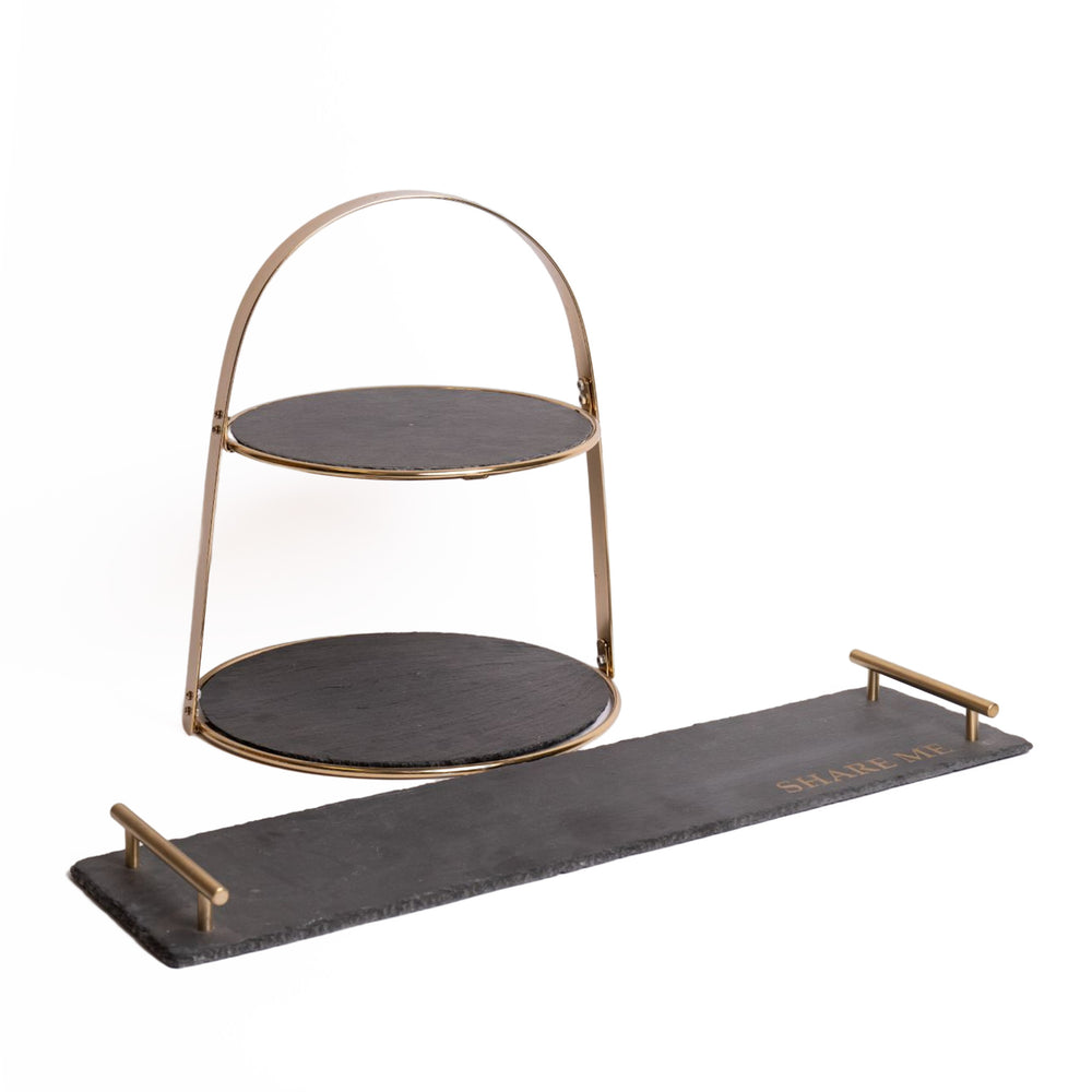 2pc Cake Serving Set with Slate & Brass Cake Stand and Slate Serving Platter with Brass Handles image 1
