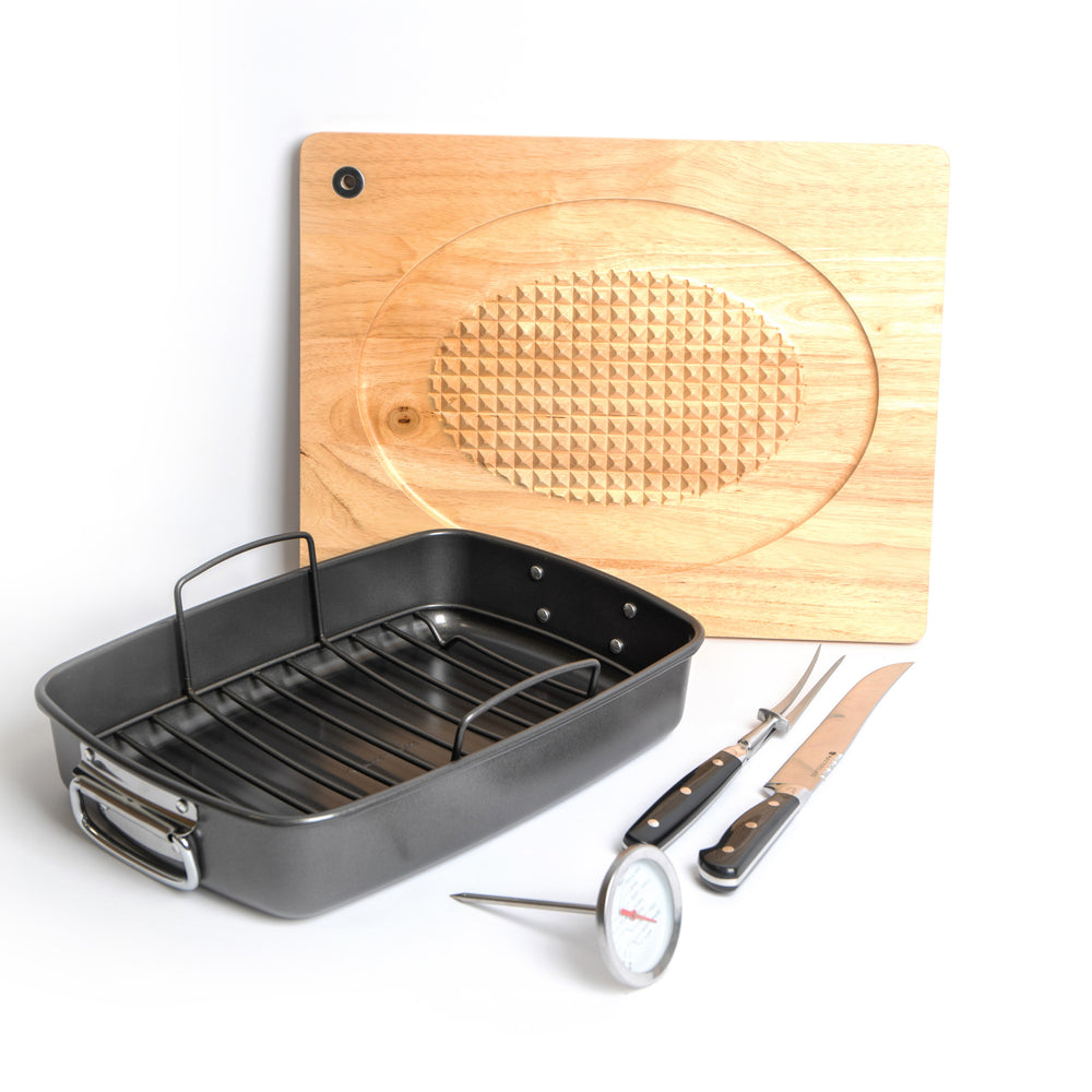 5pc Roasting Set with Roasting Tin & Rack, Stainless Steel Thermometer, Carving Fork & Carving Knife and Wooden Carving Board image 1