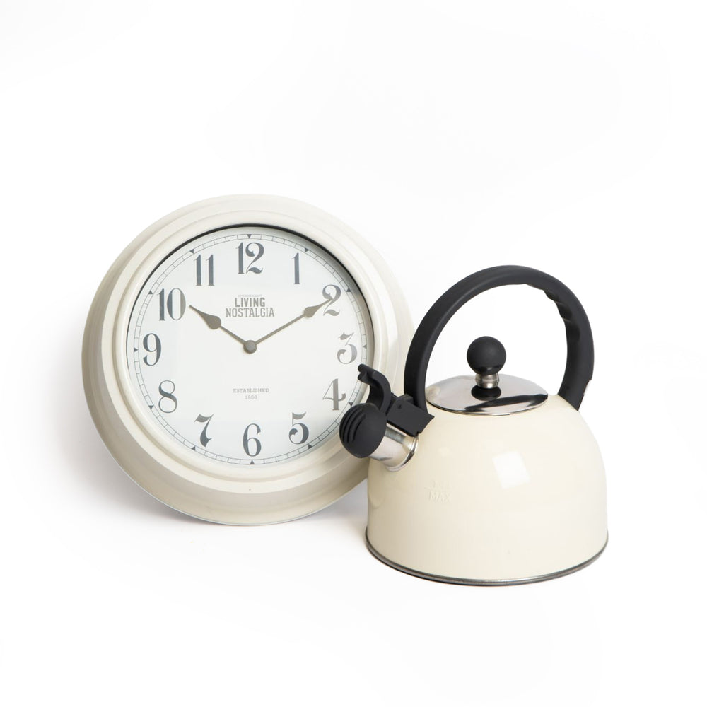 2pc Antique Cream Kitchen Set with Traditional 1.4 Litre Whistling Kettle and Wall Clock image 1
