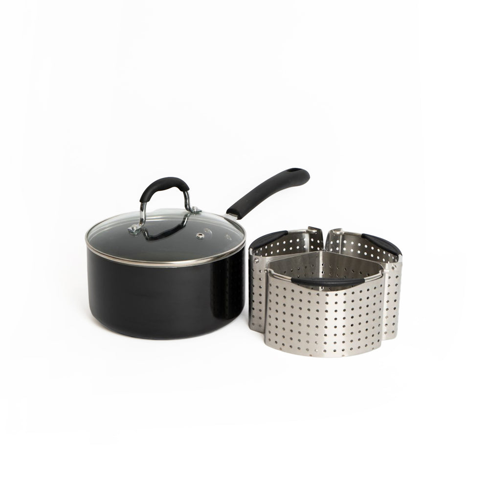 4pc Saucepan Bundle including Heavy Duty Non-Stick 20cm Saucepan with Lid and 3x Stainless Steel Saucepan Divider Baskets image 1
