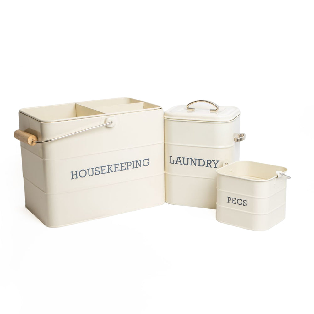 3pc Antique Cream Laundry Set with Housekeeping Tin, Laundry Tin and Peg Tin image 1