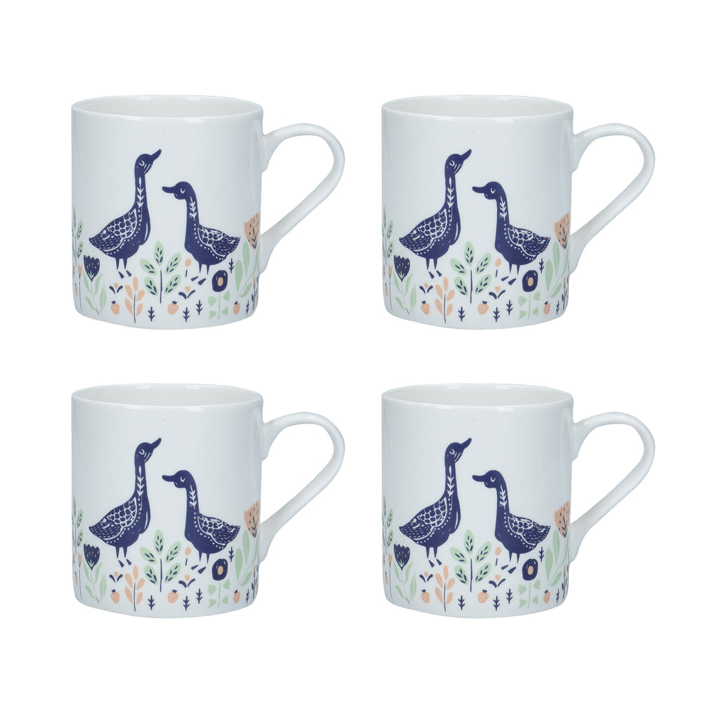 Set of 4 KitchenCraft Fine Bone China Woodcut Goose 250ml Can Mugs image 1
