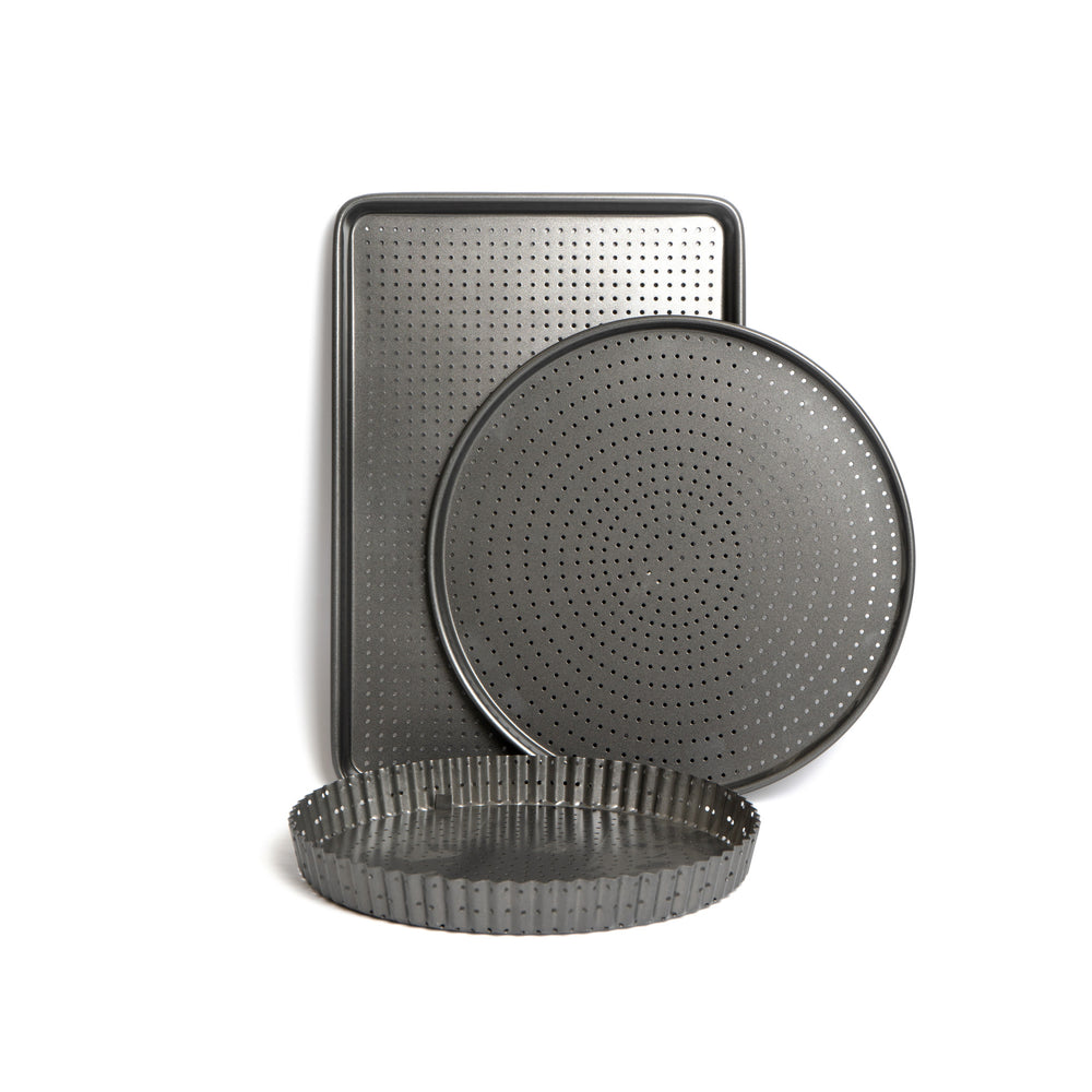 3pc Crusty Bake Non-Stick Bakeware Set with 30cm Flan/Quiche Tin, 32cm Pizza Tray and 39cm Baking Tray image 1
