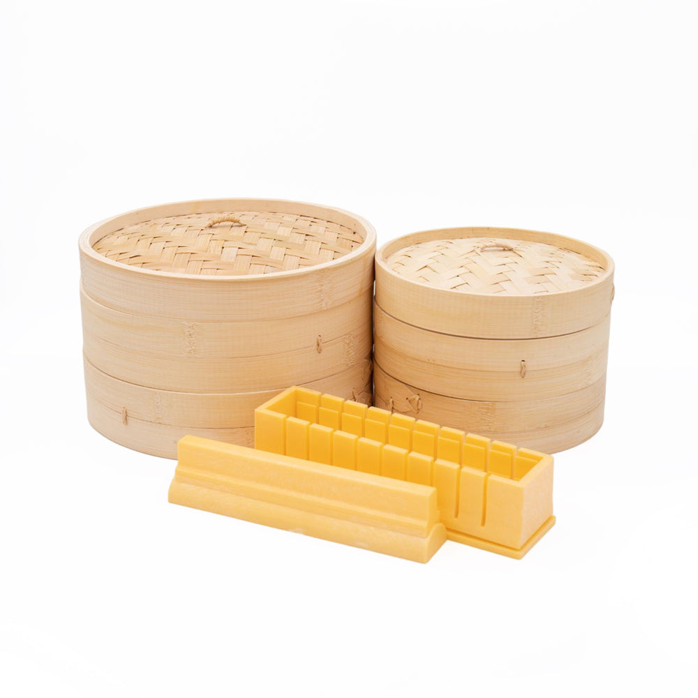 3pc Oriental Cooking Set with 2-Tier Medium Bamboo Steamer, 2-Tier Large Bamboo Steamer and Sushi Maker image 1