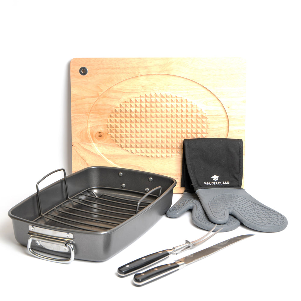 5pc Roasting Set with Roasting Tin & Rack, Carving Fork & Carving Knife, Wooden Carving Board and Silicone Oven Gloves image 1