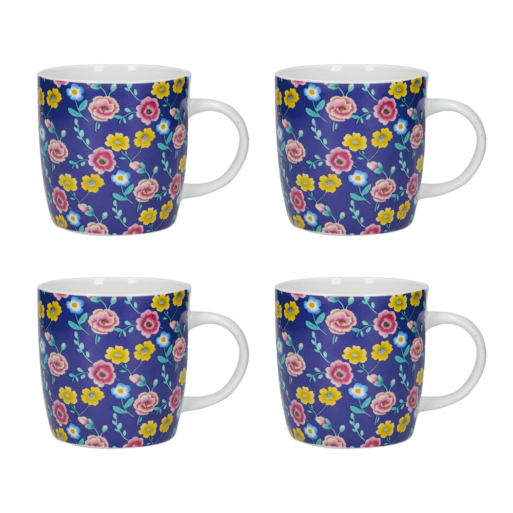 Set of 4 KitchenCraft China 425ml Navy Floral Barrel Shaped Mugs image 1