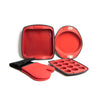 4pc Red Silicone Bakeware Set with Square Bake Pan, Loaf Pan, 12-Hole Cake Pan and Double Oven Glove image 1