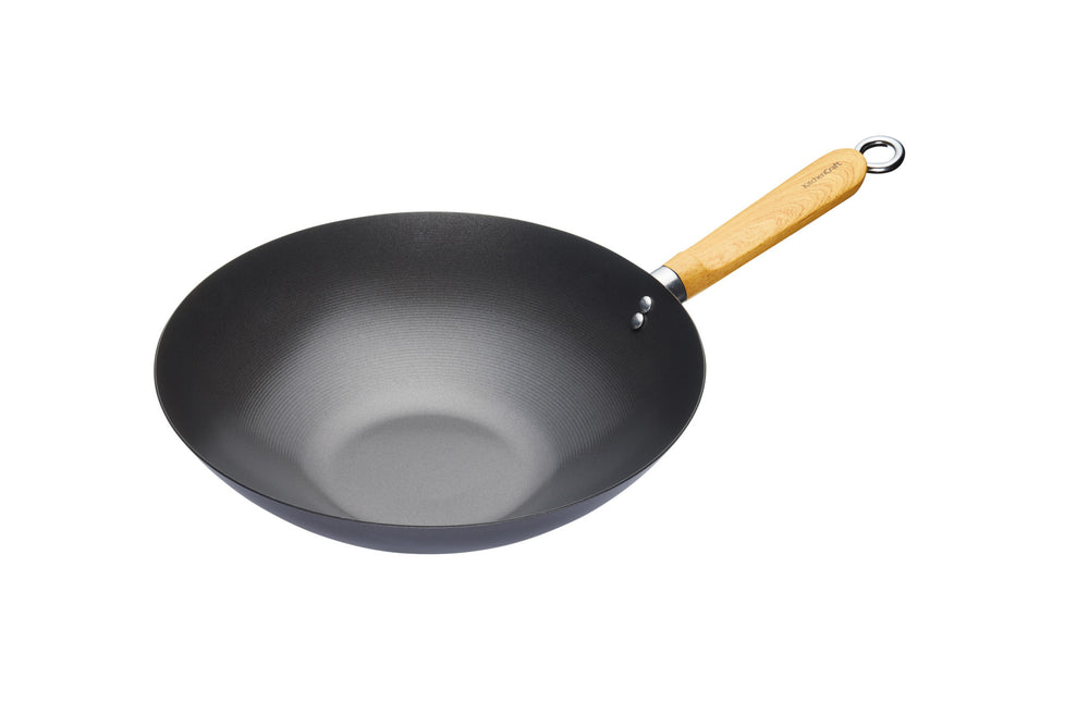 Kitchen Craft Pure Oriental Wok Acier Carbone 30cm - Fond Plat Compatible Toutes Chaleurs Sauf Induction