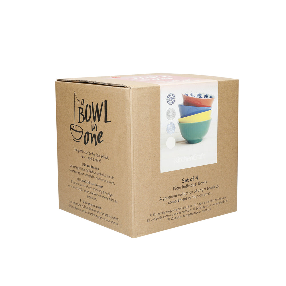 KitchenCraft Set of 4 Patterned Cereal Bowls in Gift Box, Ceramic - 'World of Flavours' Designs
