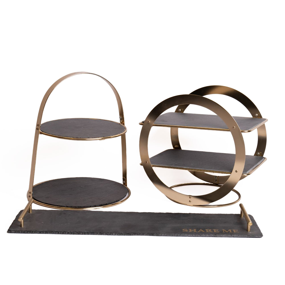 3pc Slate Serveware Set with 2-Tier Cake Stand, Geometric Serving Stand and Long Serving Platter image 1