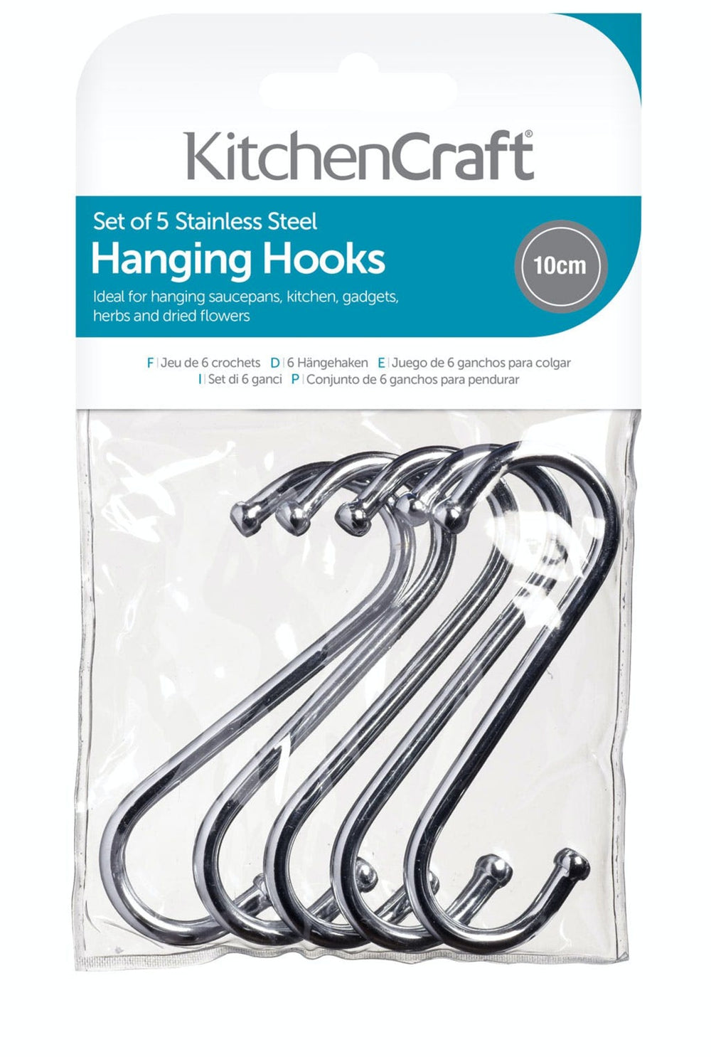 KitchenCraft Pack of Five 10cm Chrome Plated 'S' Hooks image 1