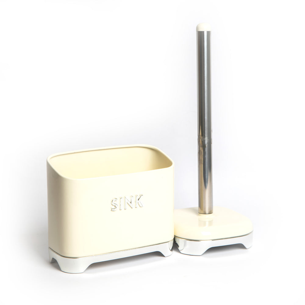 2pc Vanilla Cream Kitchenware Set with 17.5cm Towel Holder and Steel Sink Tidy - Lovello image 1