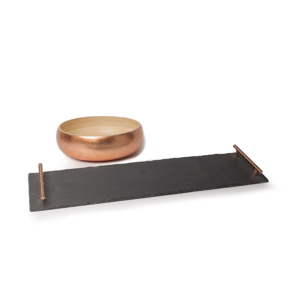 2pc Serveware Set with Bamboo Serving Bowl and Serving Platter with Copper Handles for Dining image 1