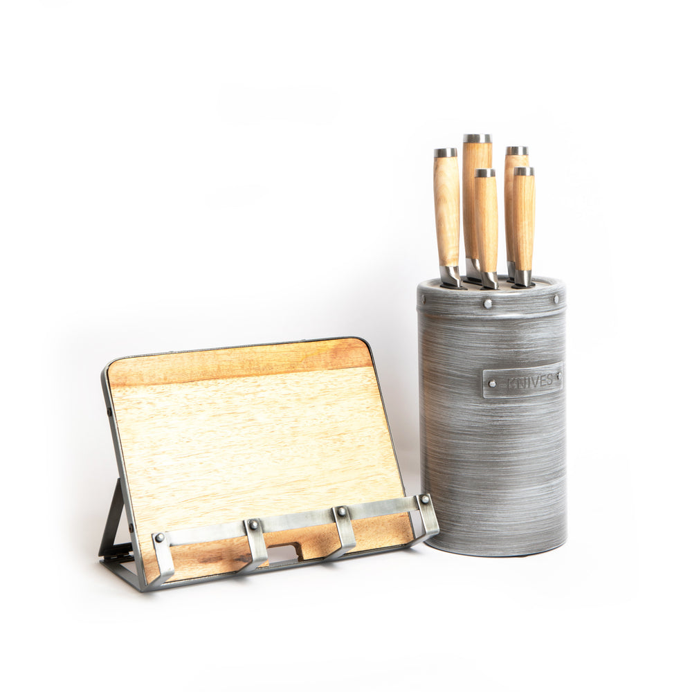 2pc Industrial Kitchenware Set with 5pc Knife Set & Metal Storage Block and Cookbook Tablet Stand image 1