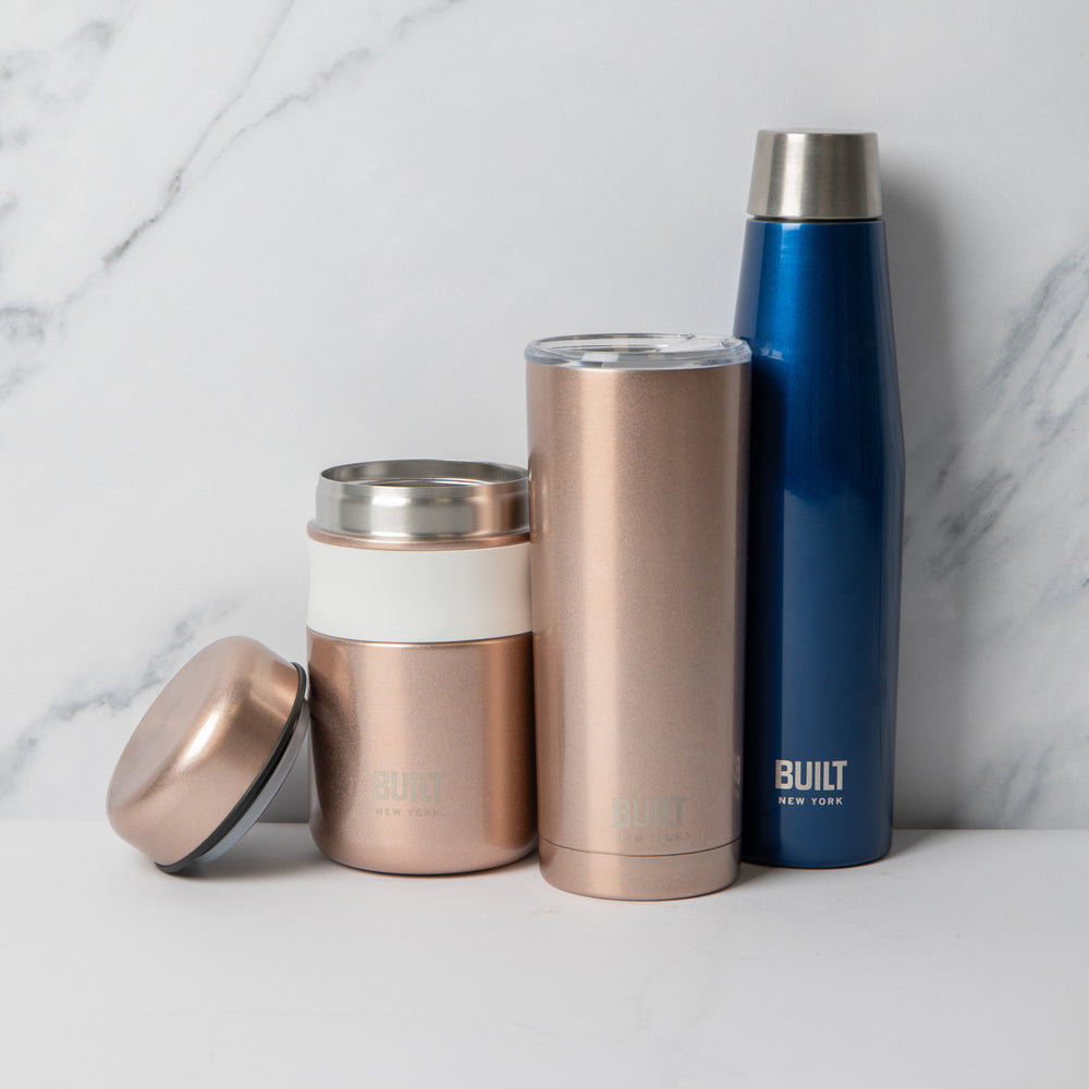 BUILT Rose Gold Labelled 490ml Food Flask 9x15.5cm, Perfect Seal 540ml Blue Hydration Bottle, Perfect Seal 590ml Rose Gold Double Walled Stainless Steel Hydration Travel Mug image 1