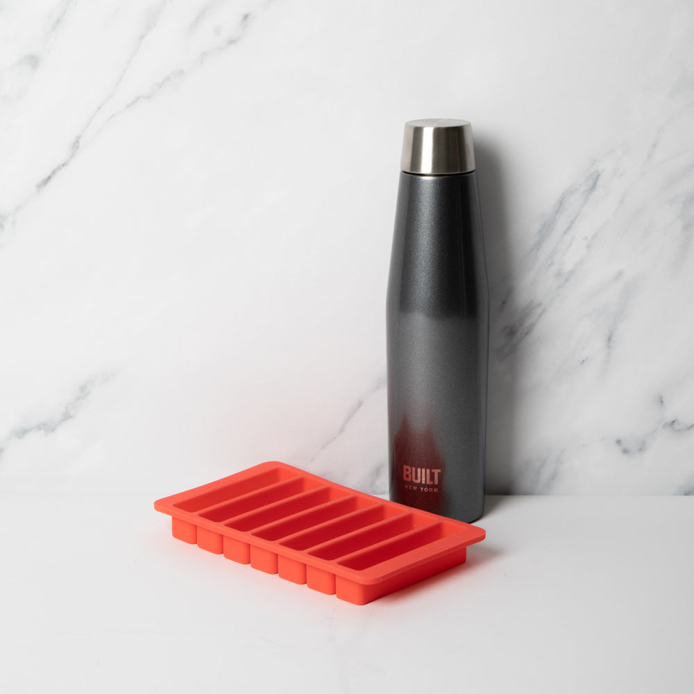 BUILT Perfect Seal 540ml Charcoal Hydration Bottle and Water Bottle Ice Cube Tray in Red Set image 1