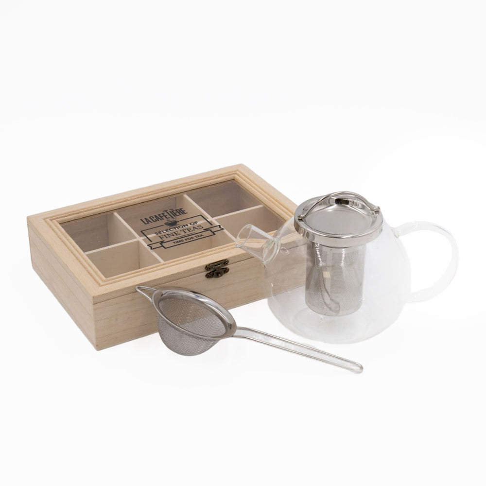 3pc Tea Set with Darjeeling 4-Cup Glass Teapot with Infuser, Tea Strainer and 6-Compartment Tea Box image 1