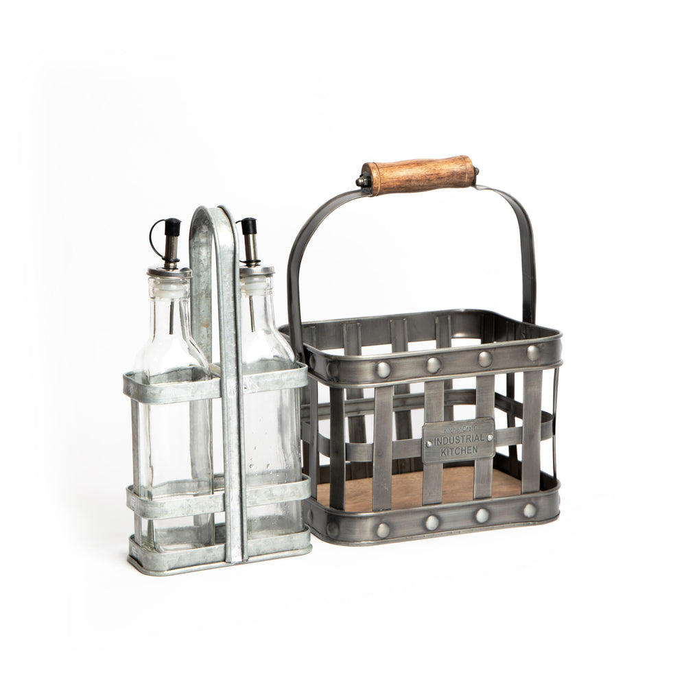 2pc Kitchenware Set with Glass & Oil Vinegar Cruet Set of Two and Galvanised Steel Condiment Holder image 1