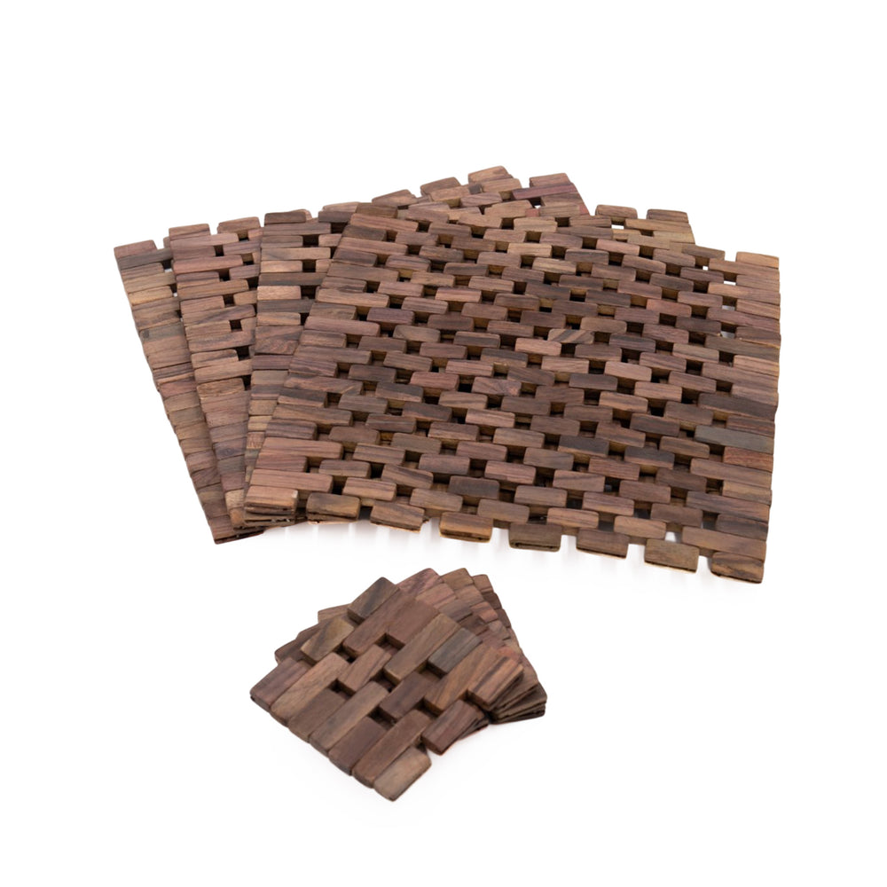 Dark Slatted Wood 8pc Table Set with 4x Placemats and 4x Coasters image 1