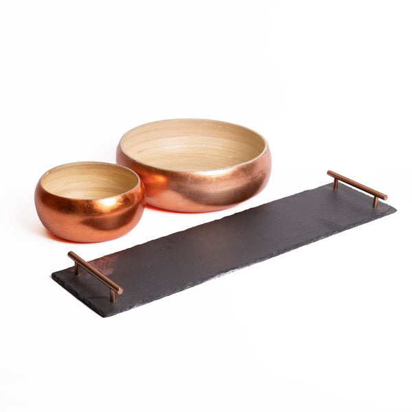 3pc Serveware Set with Medium and Large Bamboo Serving Bowls and Slate Serving Platter with Copper Handles image 2