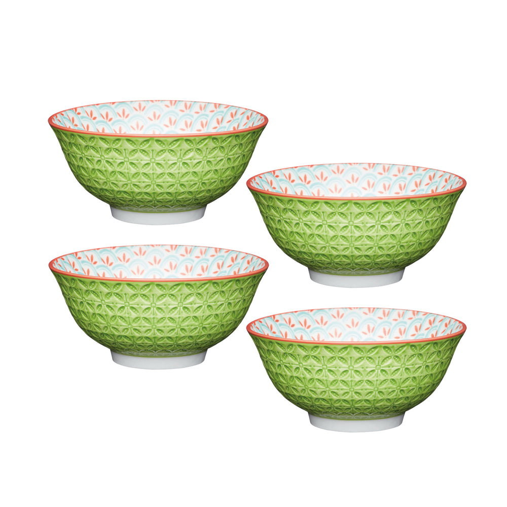 Set of 4 KitchenCraft Bright Green Geometric Print Ceramic Bowls image 1