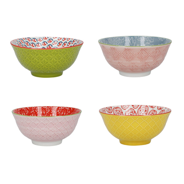 KitchenCraft Patterned Cereal Bowl Set in Gift Box, Ceramic, 'Brights' Designs, 15cm, 4 Pieces image 2