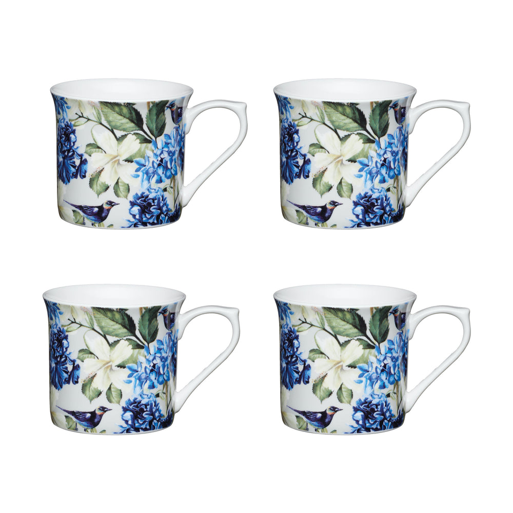 Set of 4 KitchenCraft Fluted China Blue Bird Mugs image 1