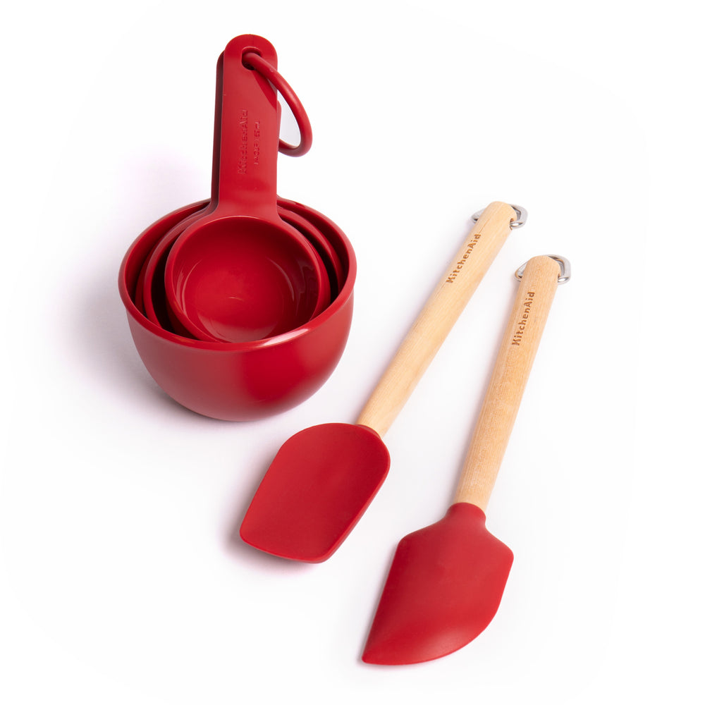 6pc Red Kitchen Set with 2x Mini Birchwood & Silicone Spatulas and 4x Measuring Cups - 1/4,1/3,1/2 and 1 Cup Sizes image 1