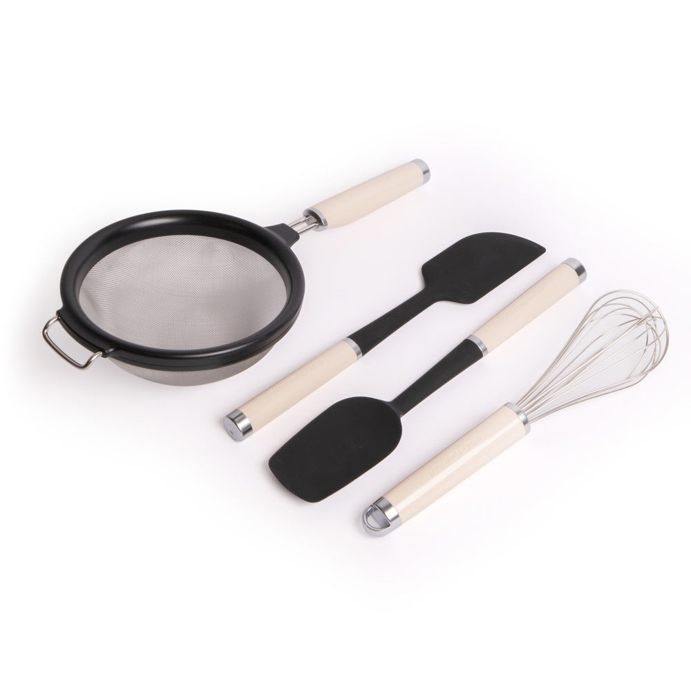 4pc Almond Cream Cooking Utensil Set with Wire Whisk, Strainer, Spoon Spatula & Scraper Spatula image 1