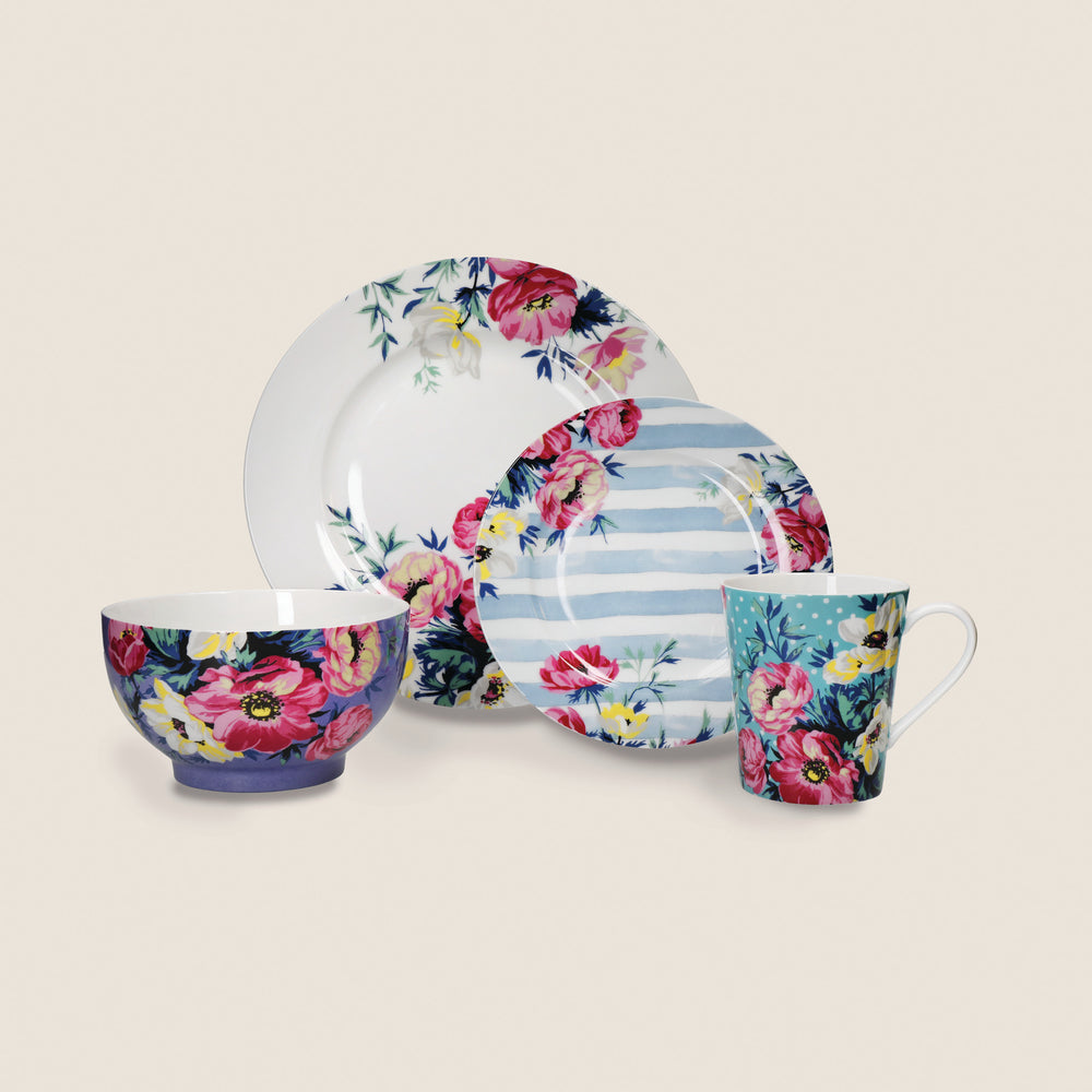 16pc Floral Porcelain Dining Set with 4x 26cm Dinner Plates, 4x 19cm Side Plates, 4x 19cm Bowls and 4x 330ml Mugs - Clovelly image 1