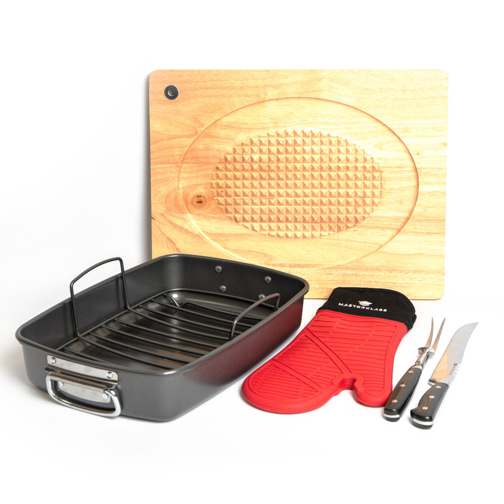 5pc Roasting Set with Non-Stick Roasting Tin & Rack, Carving Fork & Carving Knife, Wooden Carving Board and Silicone Oven Glove image 1