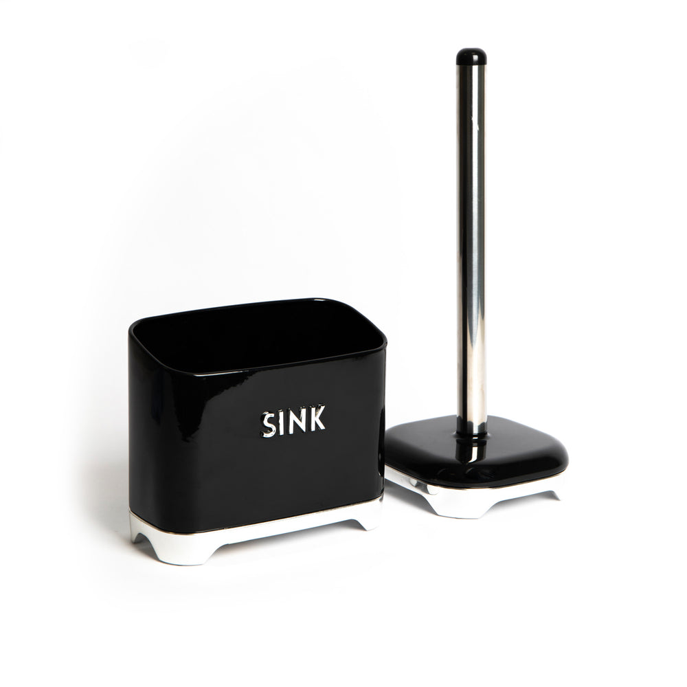 2pc Midnight Black Storage Set including 17.5cm Kitchen Towel Holder and Sink Tidy image 1