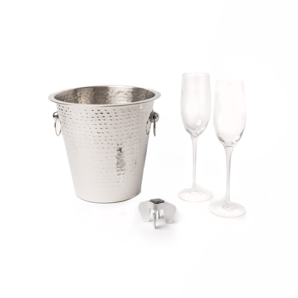 4pc Drinkware Set including 2x Ribbed Champagne Flutes, Bottle Opener and Stainless Steel Champagne Bucket image 1
