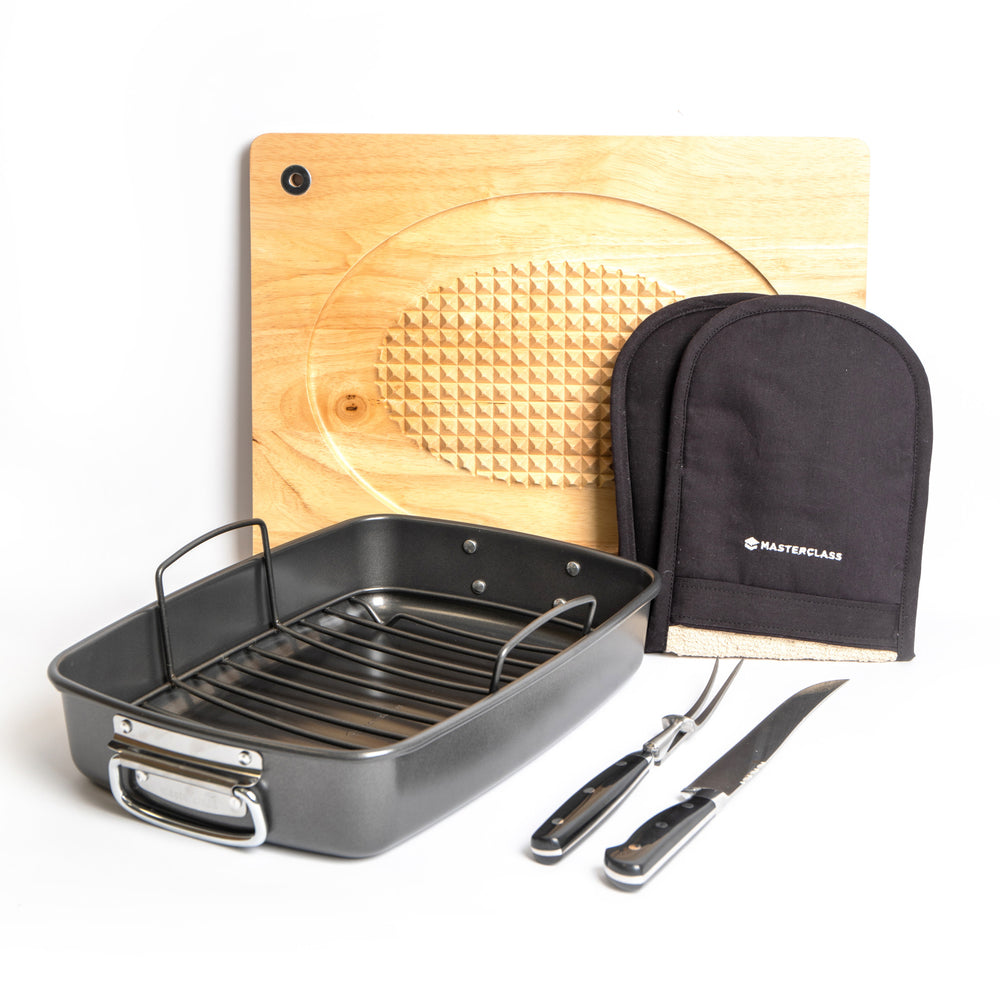 5pc Roasting Set with Non-Stick Roasting Tin & Rack, Carving Fork & Carving Knife, Wooden Carving Board and Double Oven Glove image 1