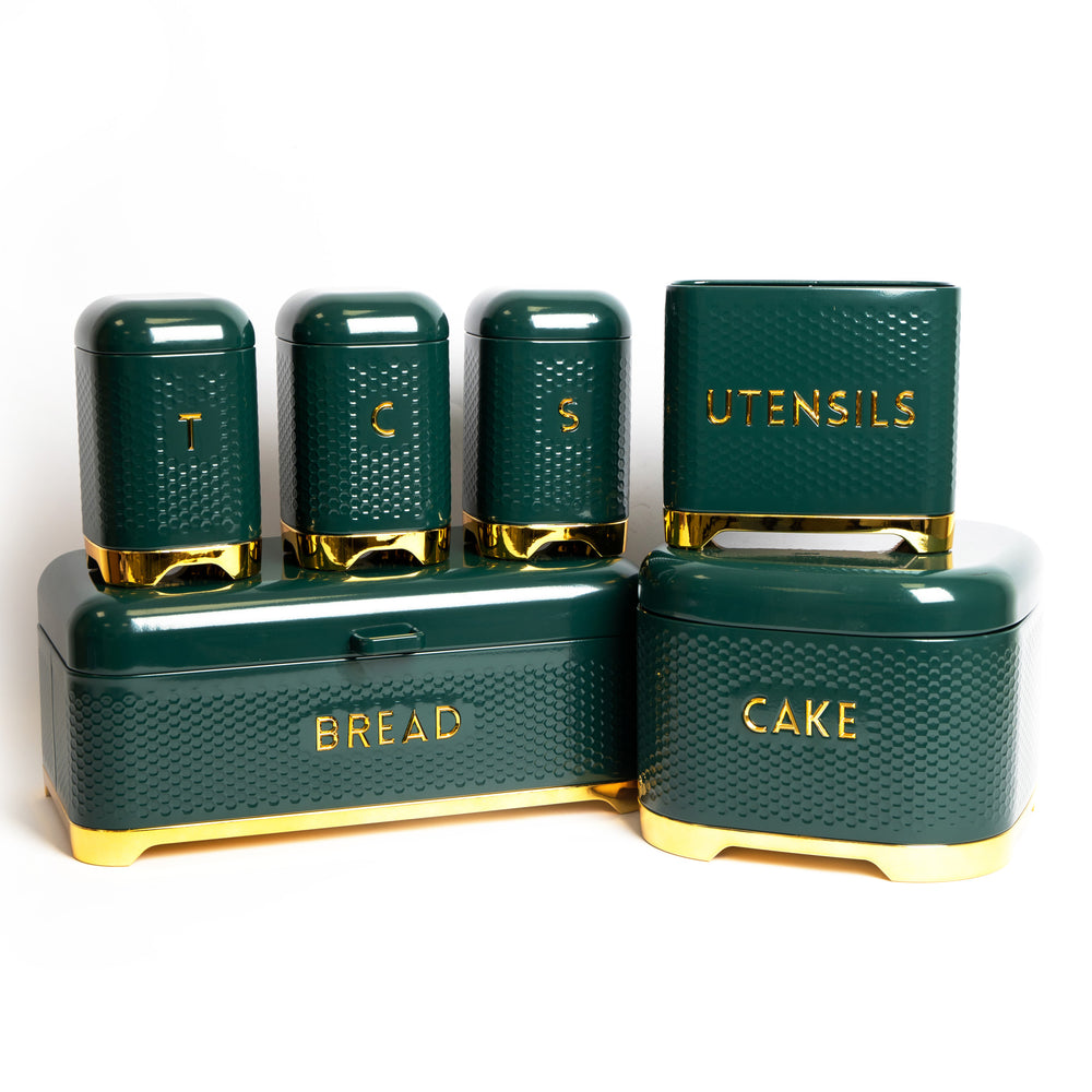 6pc Gift-Boxed Hunter Green Kitchen Set with Tea, Coffee & Sugar Canisters, Utensil Store, Cake Tin and Bread Bin - Lovello image 1