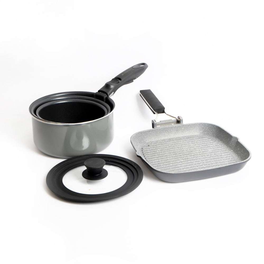 4pc Non-Stick Cookware Set with 24cm Cast Aluminium Grill Pan 3x