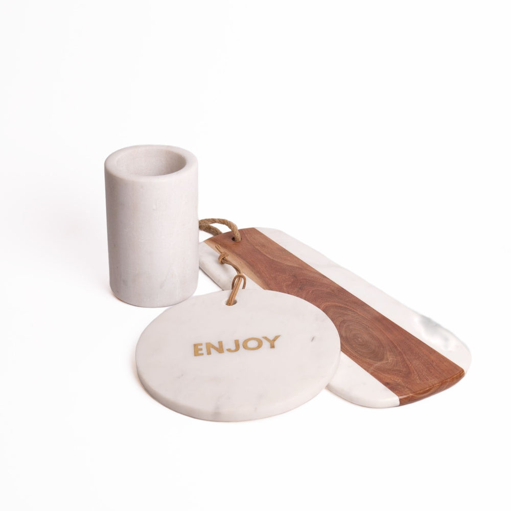 3pc Dinner Serving Set with Marble Wine Cooler, Marble & Acacia Wood Serving Board and Round White Marble Cheese Board image 1