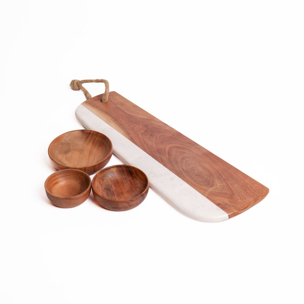4pc Acacia Wood Serveware Set with Marble & Wood Serving Board and Three Nesting Serving Bowls image 1