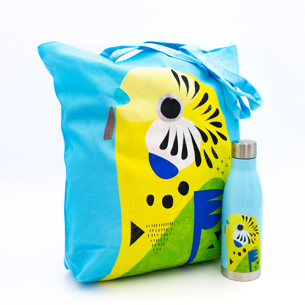 2pc Budgerigar Hydration Travel Set with 500ml Double Walled Insulated Bottle and Cotton Tote Bag image 1