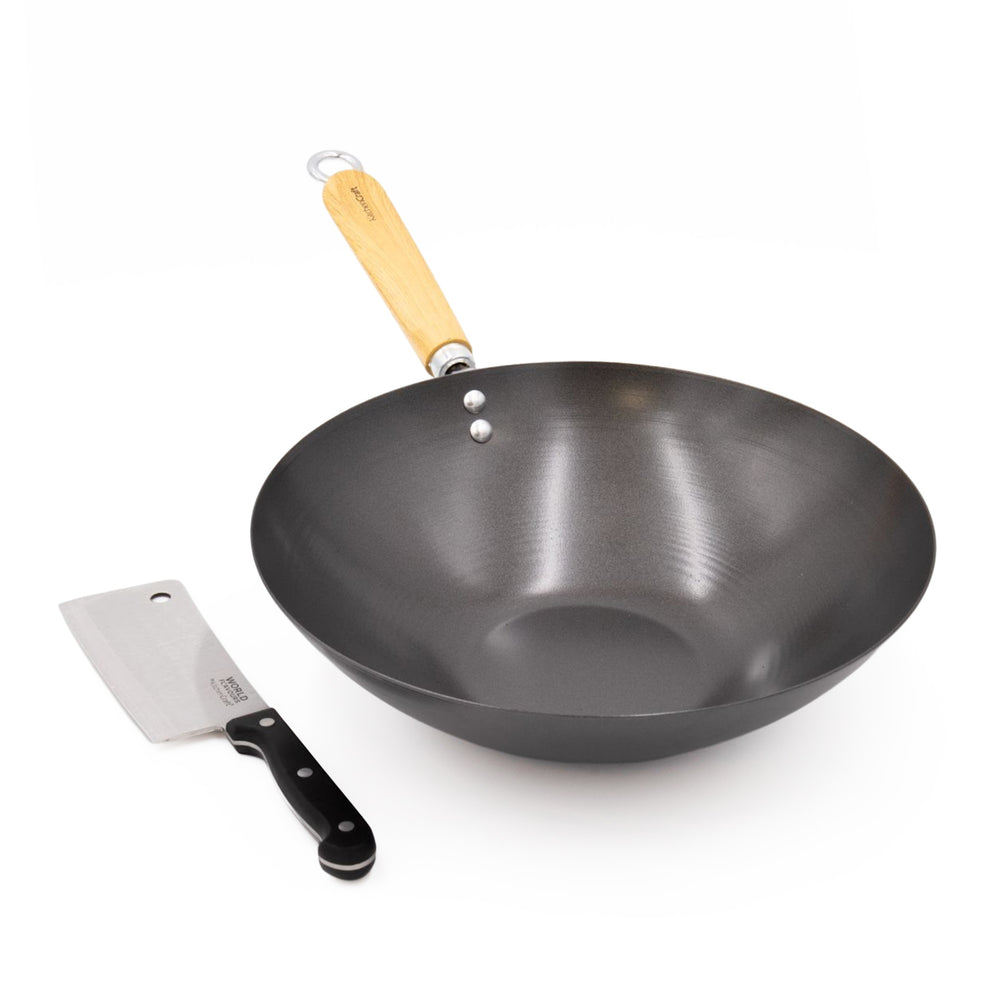 2pc Oriental Cooking Set with Carbon Steel 30cm Non-Stick Wok and Stainless Steel Cleaver image 1