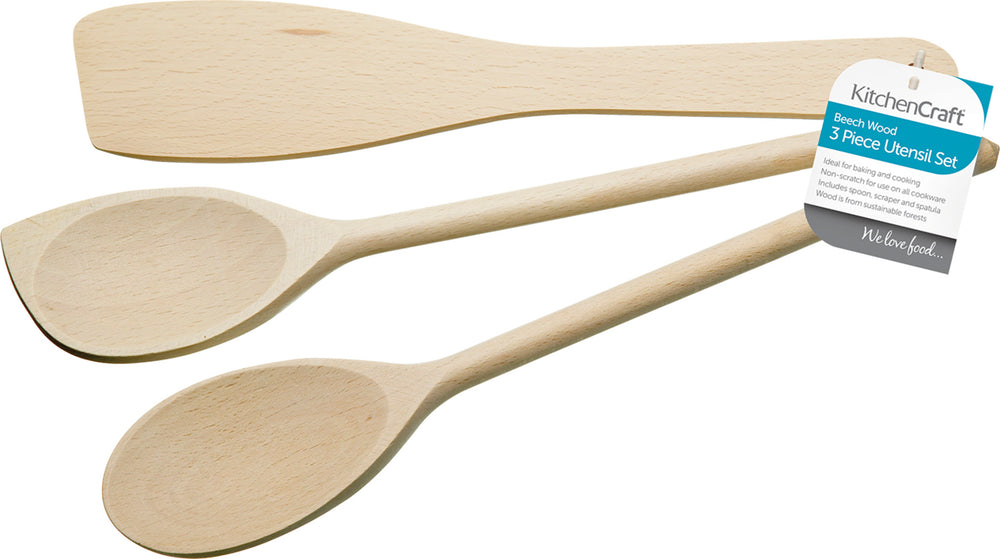 KitchenCraft Set of Three Beech Wood Utensils image 1
