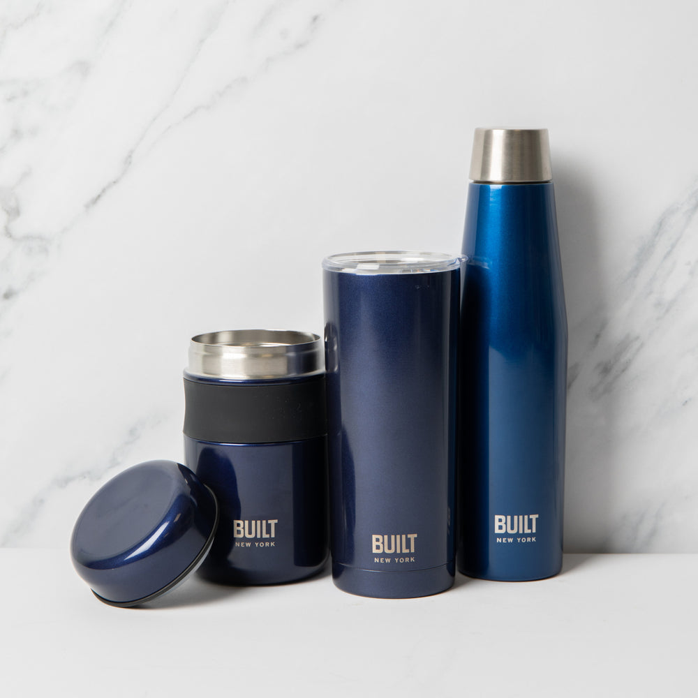 BUILT Labelled Perfect Seal 540ml Blue Hydration Bottle, 490ml Midnight Blue Food Flask 9x15.5cm, Perfect Seal 590ml Midnight Blue Double Walled Stainless Steel Hydration Travel Mug image 1