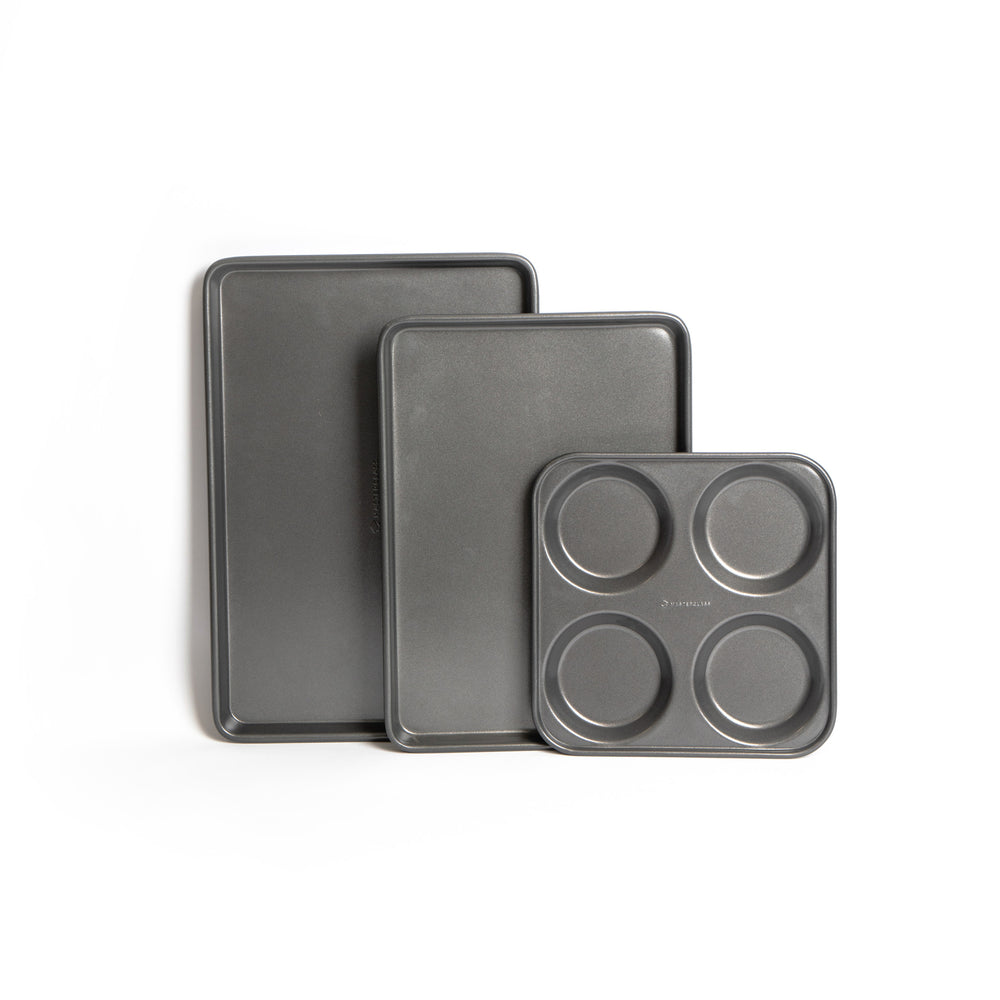3pc Non-Stick Bakeware Set with 2x Baking Trays and 4-Hole Yorkshire Pudding Pan image 1
