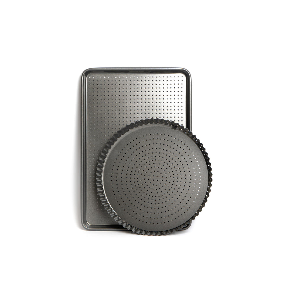 2pc Crusty Bake Non-Stick Bakeware Set with 30cm Round Fluted Quiche Tin and 39cm Baking Tray image 1